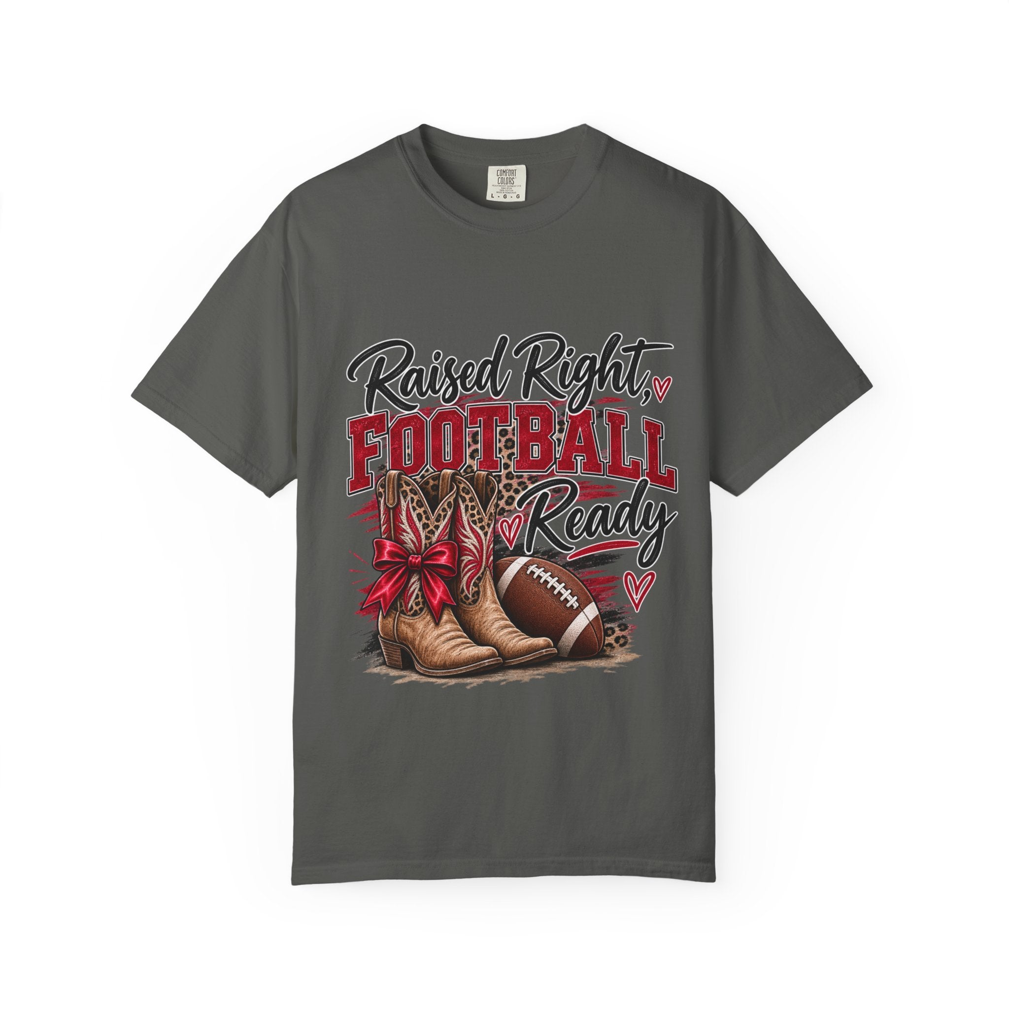 Raised Right Football Ready T‑Shirt — Cowboy Boots & Football Mom Tee