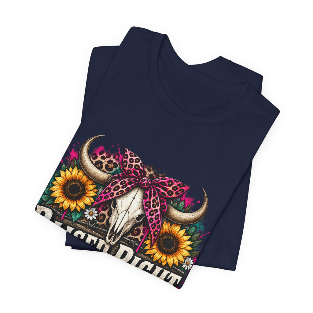 Raised Right Acting Wrong Tee — Cow Skull, Sunflower & Leopard Bandana Graphic Shirt