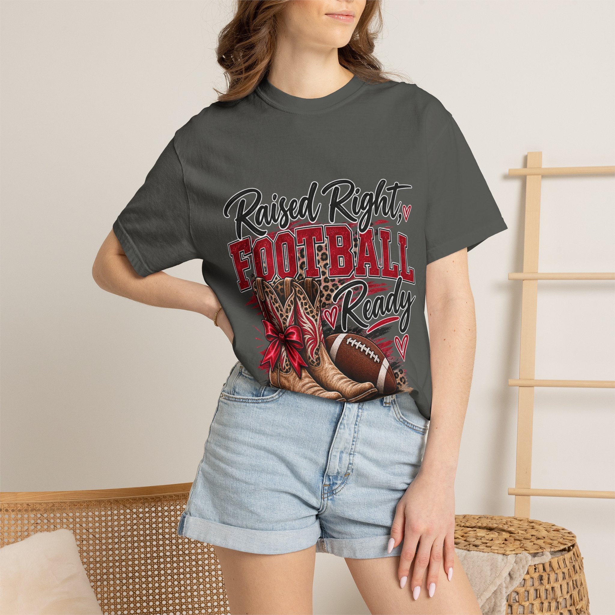 Raised Right Football Ready T‑Shirt — Cowboy Boots & Football Mom Tee