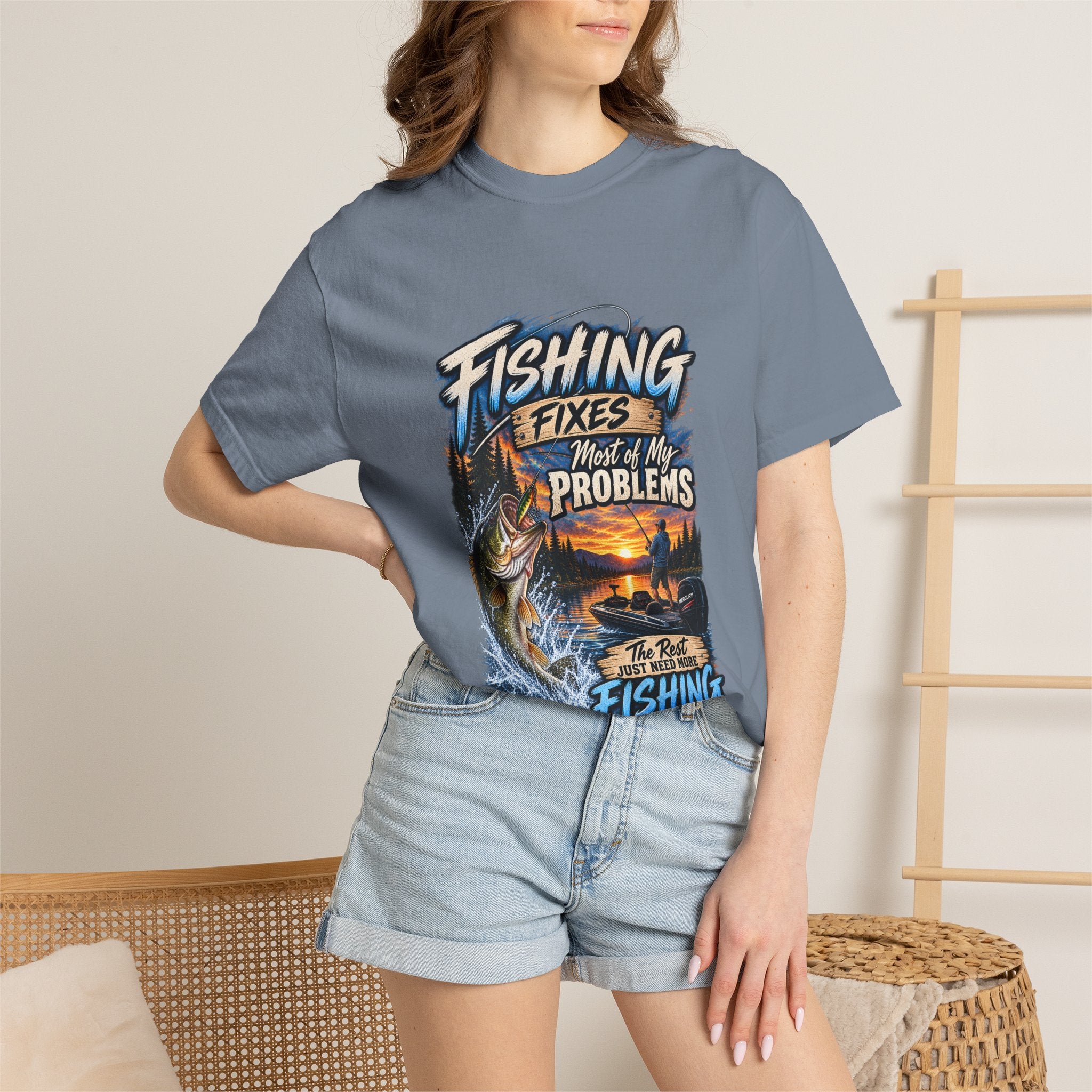 Fishing Fixes Most of My Problems T-Shirt — Bass Sunset Fishing Tee