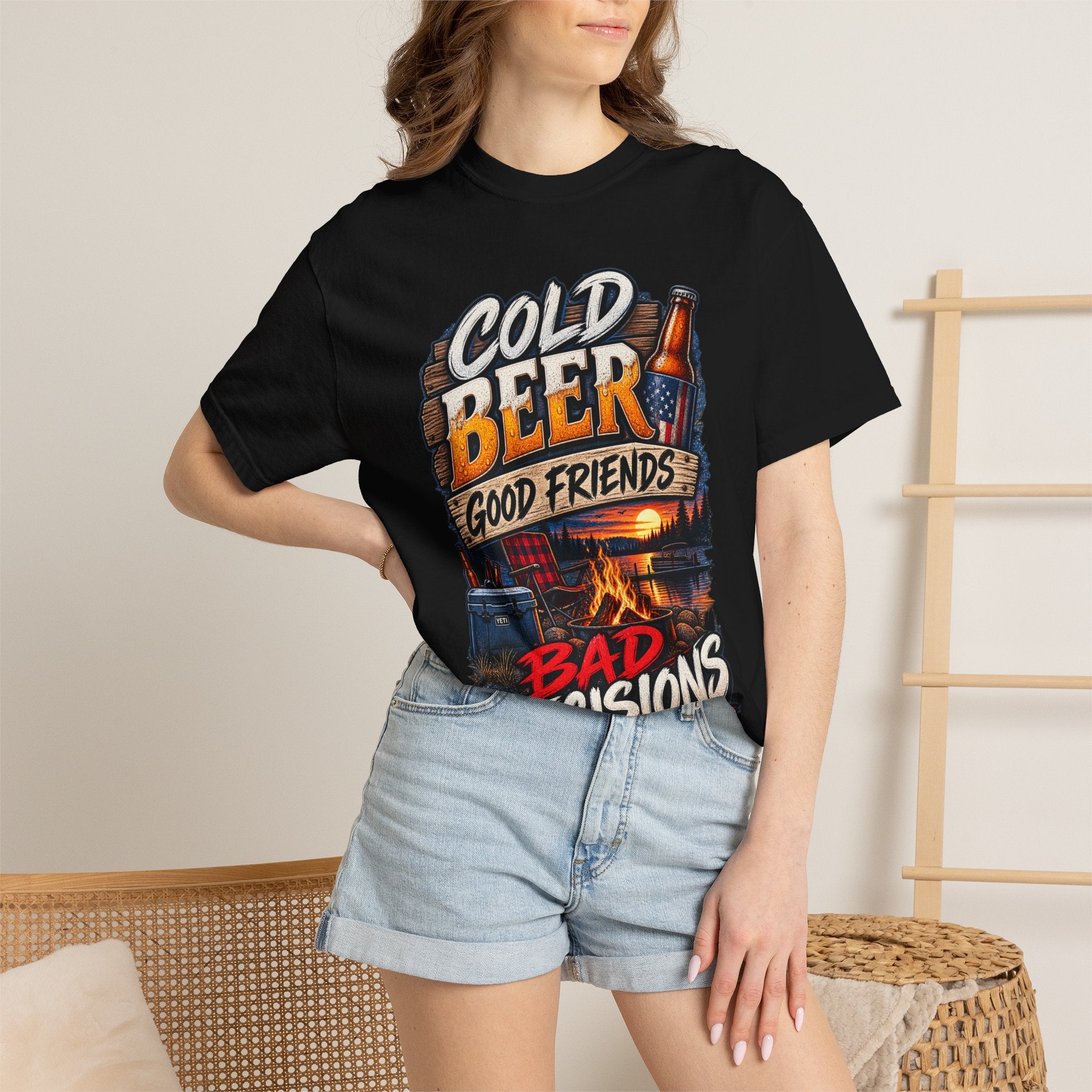 T-Shirt — "Cold Beer, Good Friends, Bad Decisions" Campfire Graphic Tee