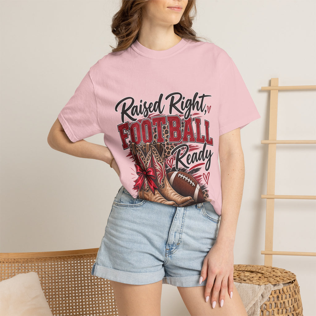 Raised Right Football Ready T‑Shirt — Cowboy Boots & Football Mom Tee