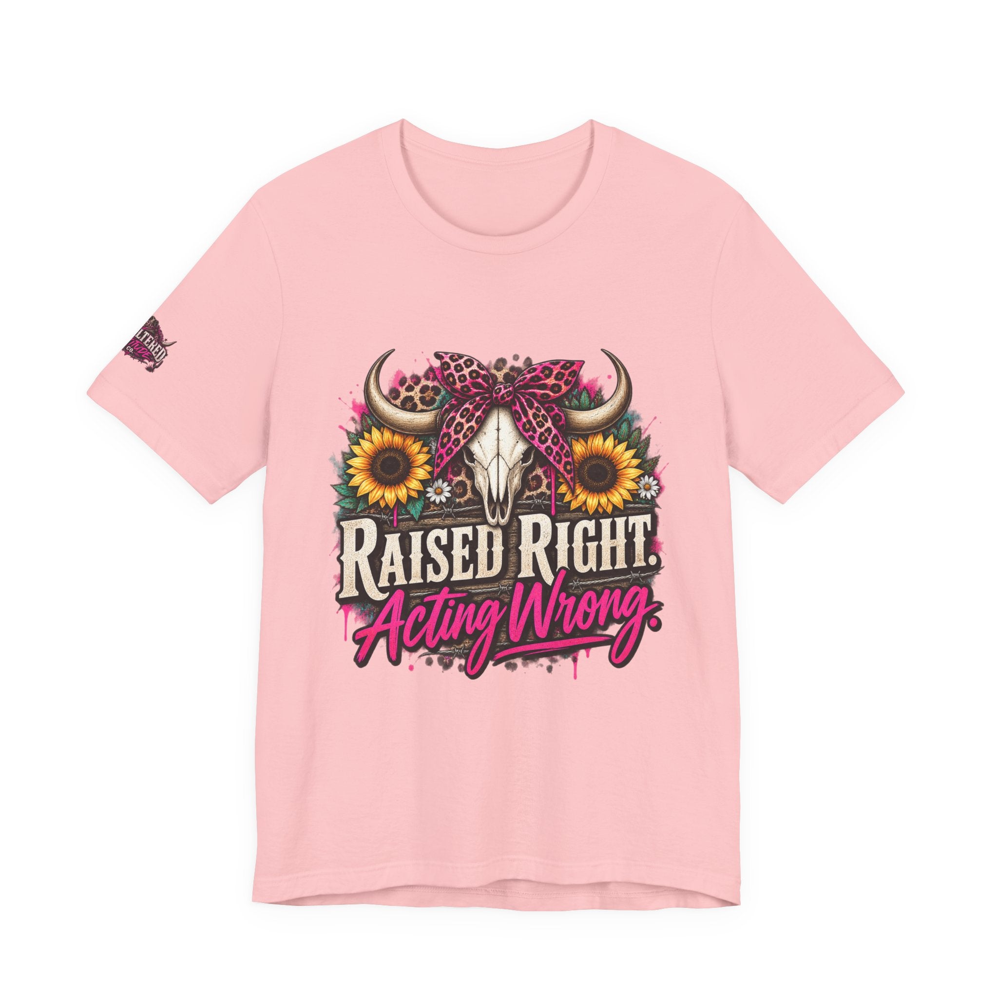 Raised Right Acting Wrong Tee — Cow Skull, Sunflower & Leopard Bandana Graphic Shirt