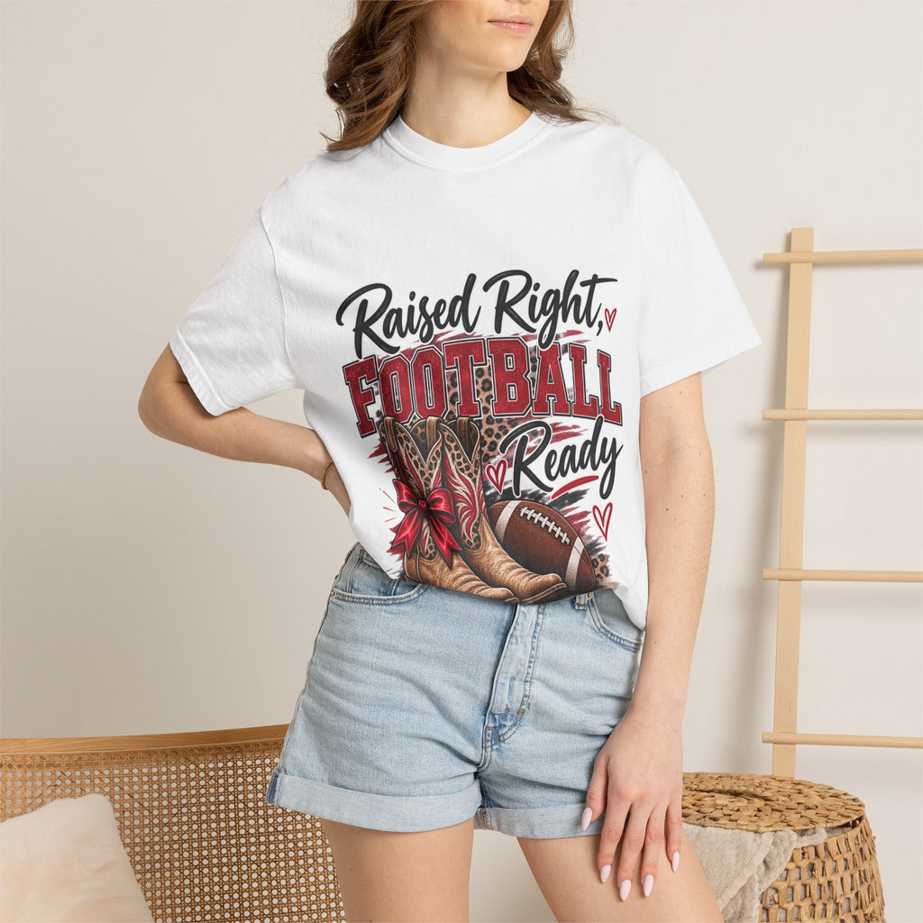 Raised Right Football Ready T‑Shirt — Cowboy Boots & Football Mom Tee