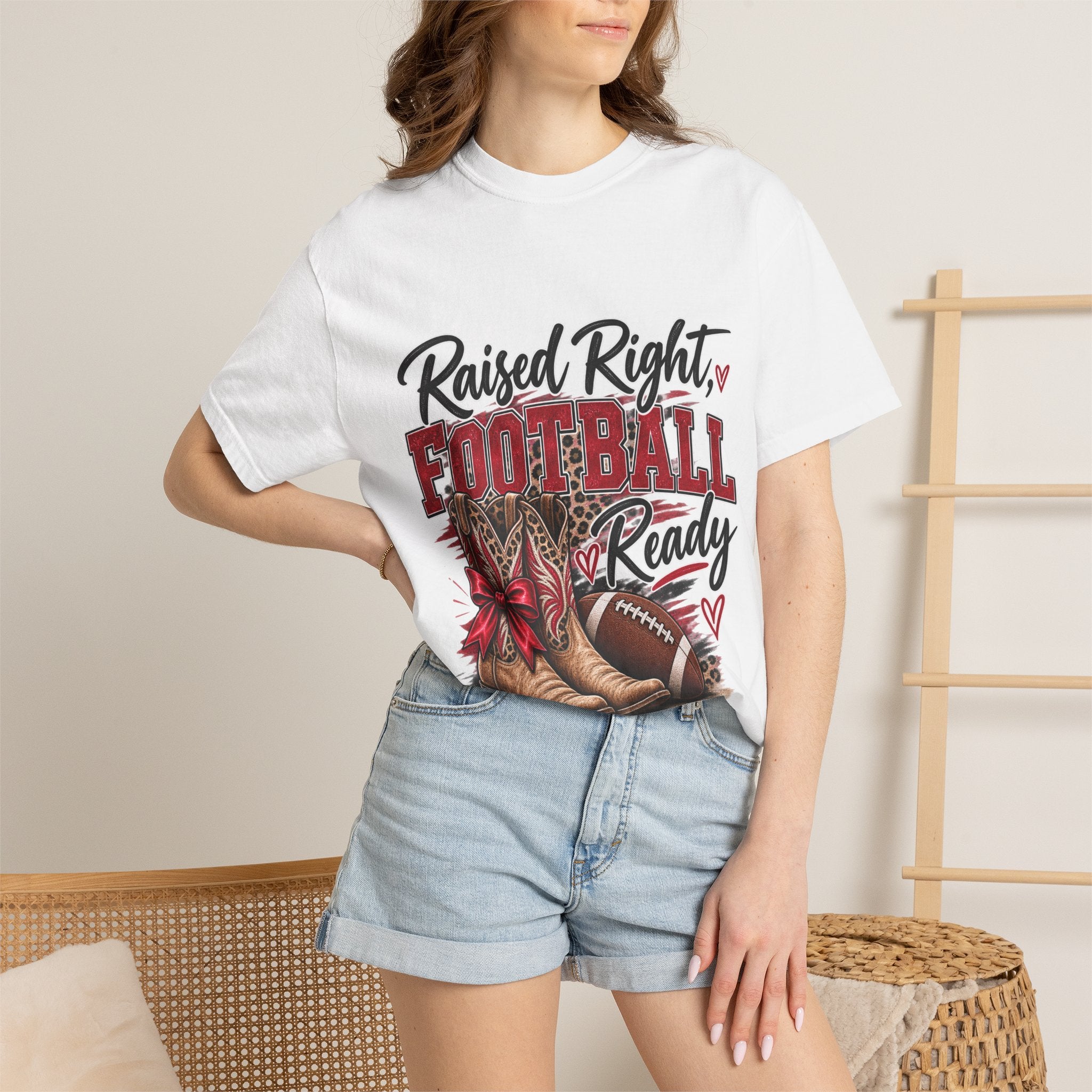 Raised Right Football Ready T‑Shirt — Cowboy Boots & Football Mom Tee