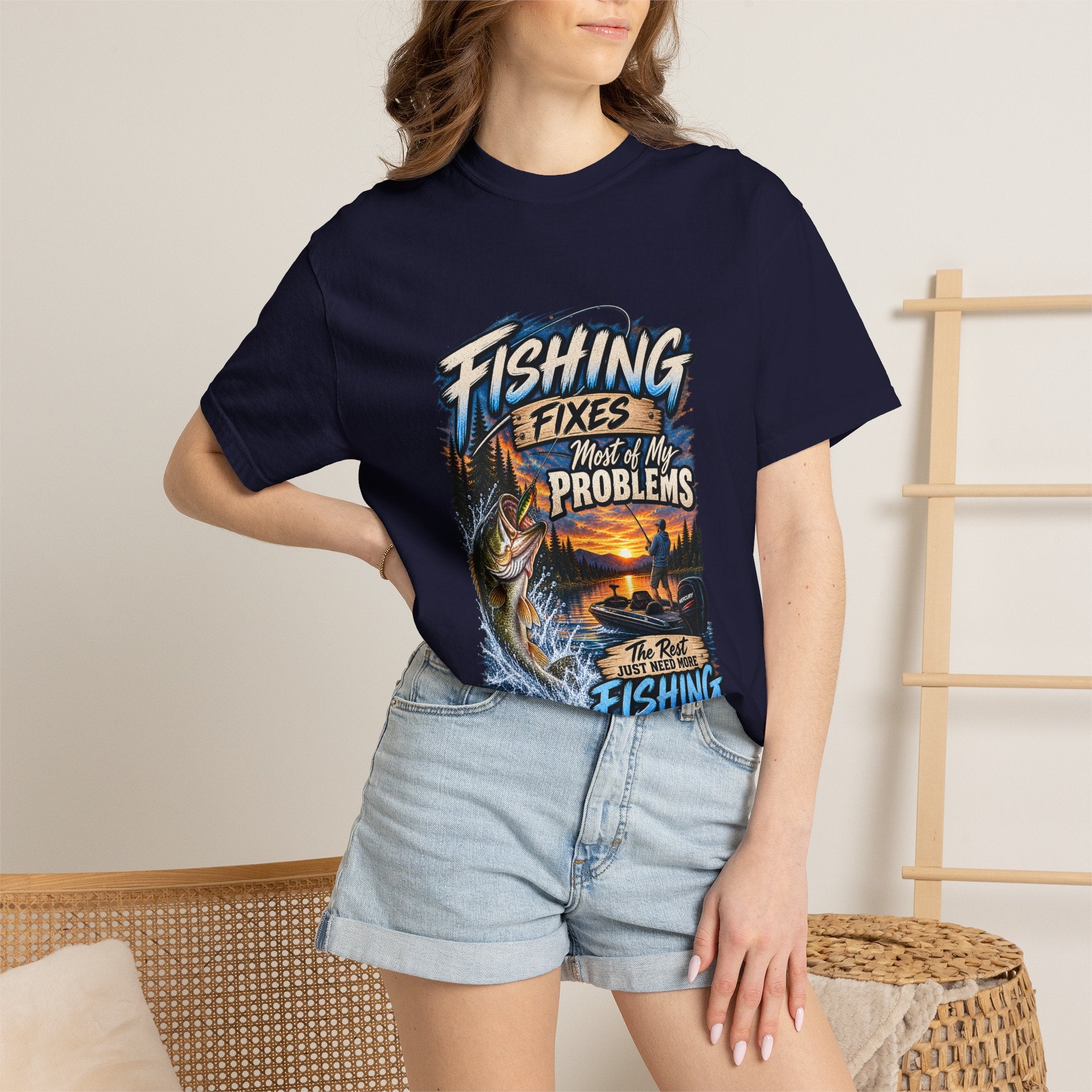 Fishing Fixes Most of My Problems T-Shirt — Bass Sunset Fishing Tee